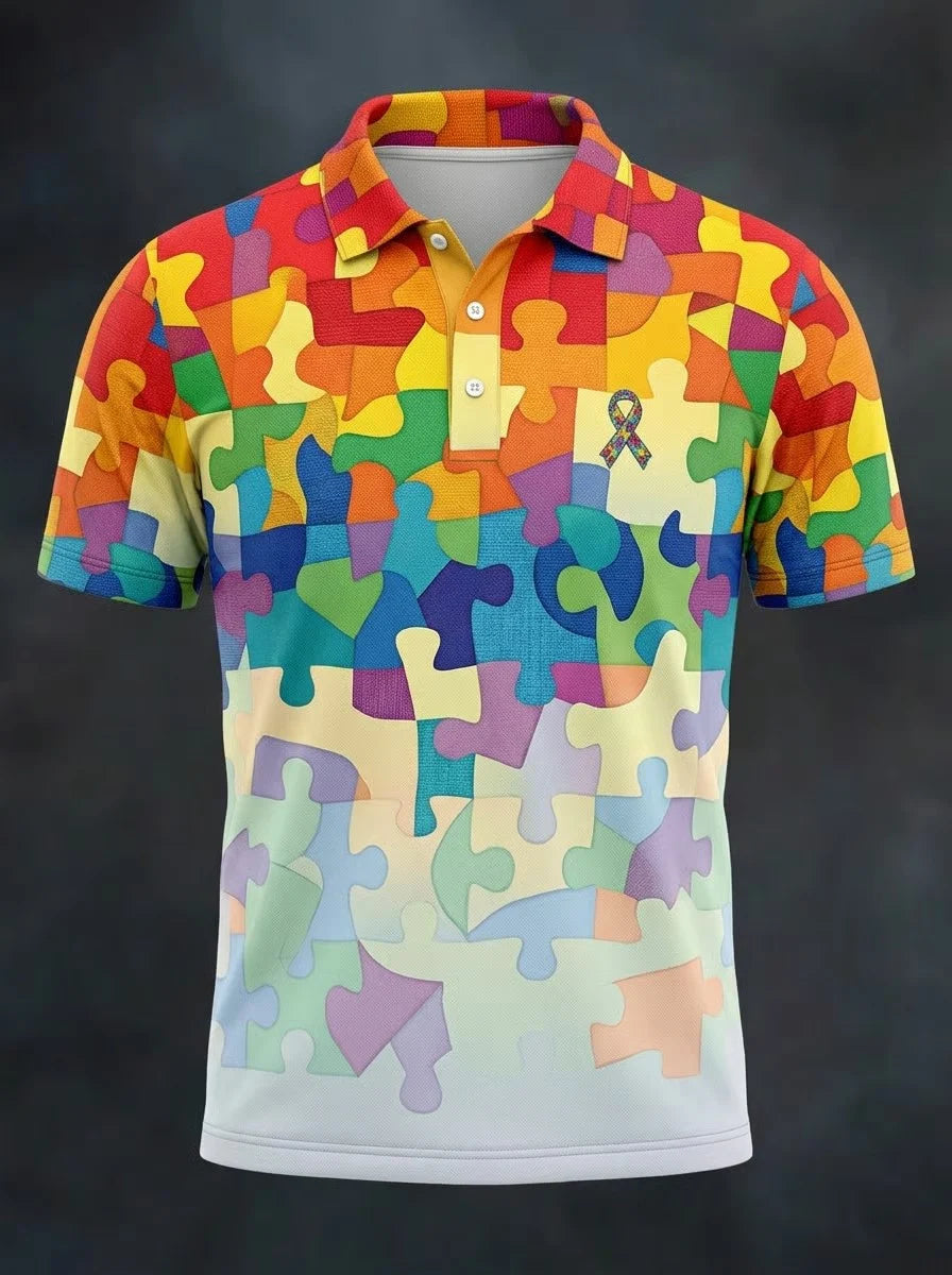 Autism Awareness Month Puzzle Piece Polo Shirt Fathering Autism Merch Autistic Gifts