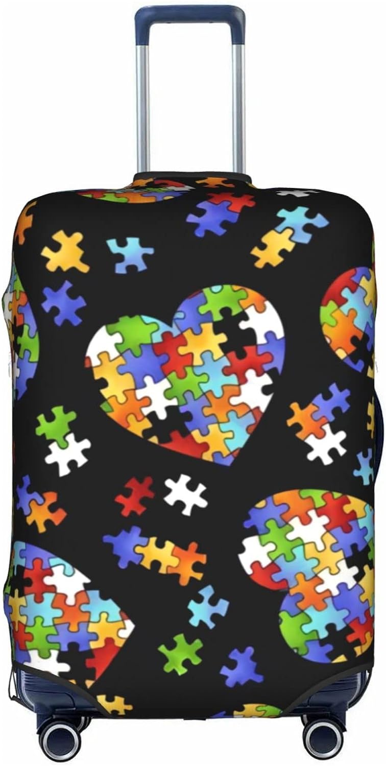 Autism Awareness Puzzle Pieces Heart Travel Luggage Cover Washable Elastic Suitcase Protector