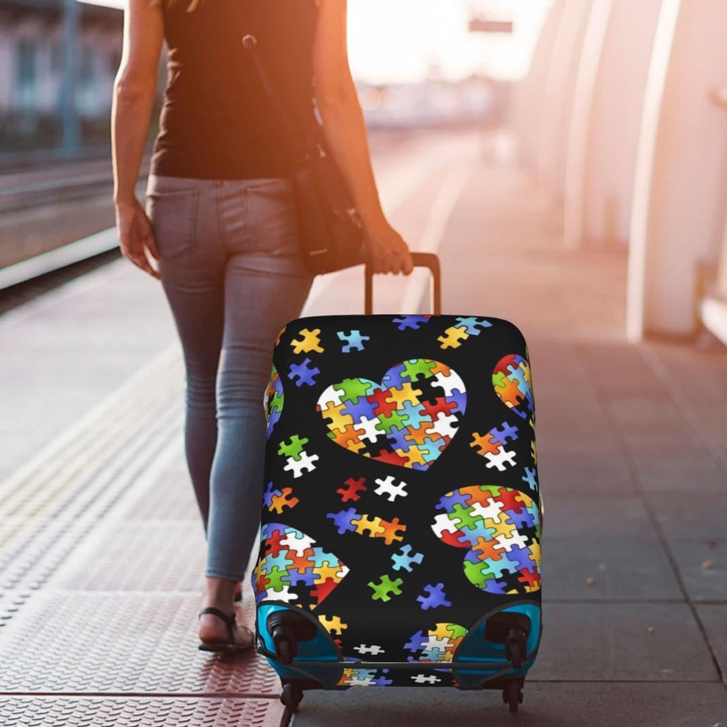 Autism Awareness Puzzle Pieces Heart Travel Luggage Cover Washable Elastic Suitcase Protector