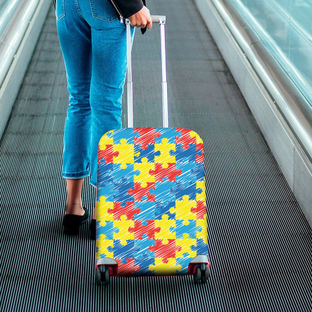 Autism Awareness Drawing Puzzle Print Travel Luggage Cover Washable Elastic Suitcase Protector