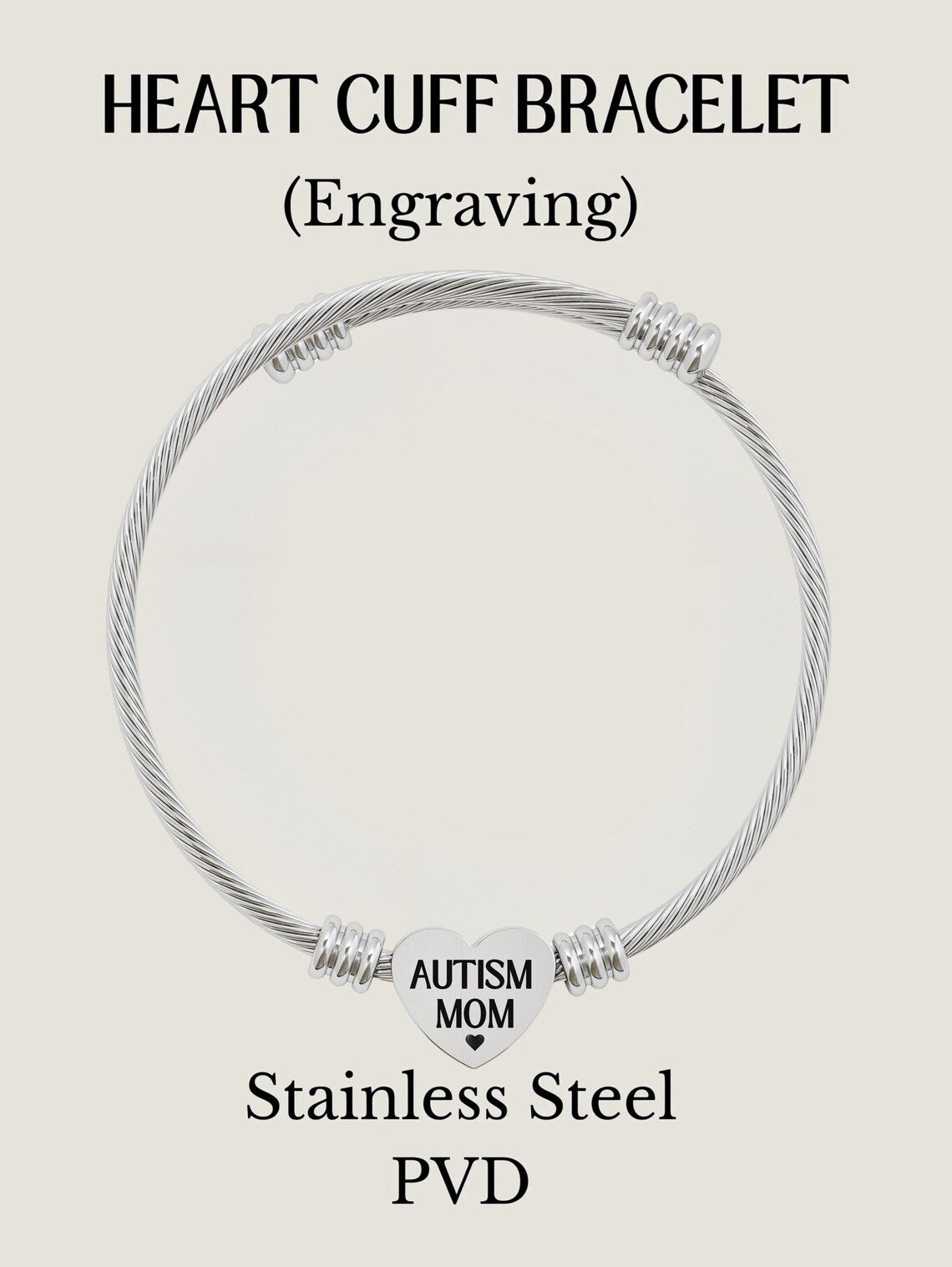 Autism Mom Cuff Bracelet – Gold Heart Bangle, Autism Awareness Jewelry