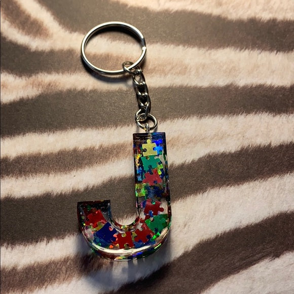 Autism Awareness Initial Puzzle Resin Keychain