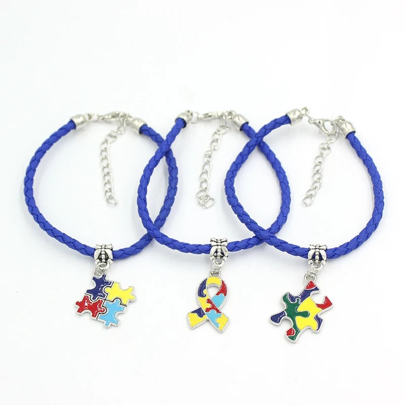 Awareness Jewelry Navy Blue Braid PU Leather Bracelet with Puzzle Piece Autism Pendant Charm