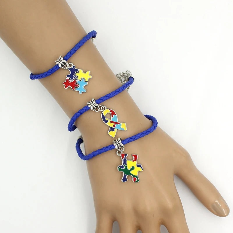 Awareness Jewelry Navy Blue Braid PU Leather Bracelet with Puzzle Piece Autism Pendant Charm