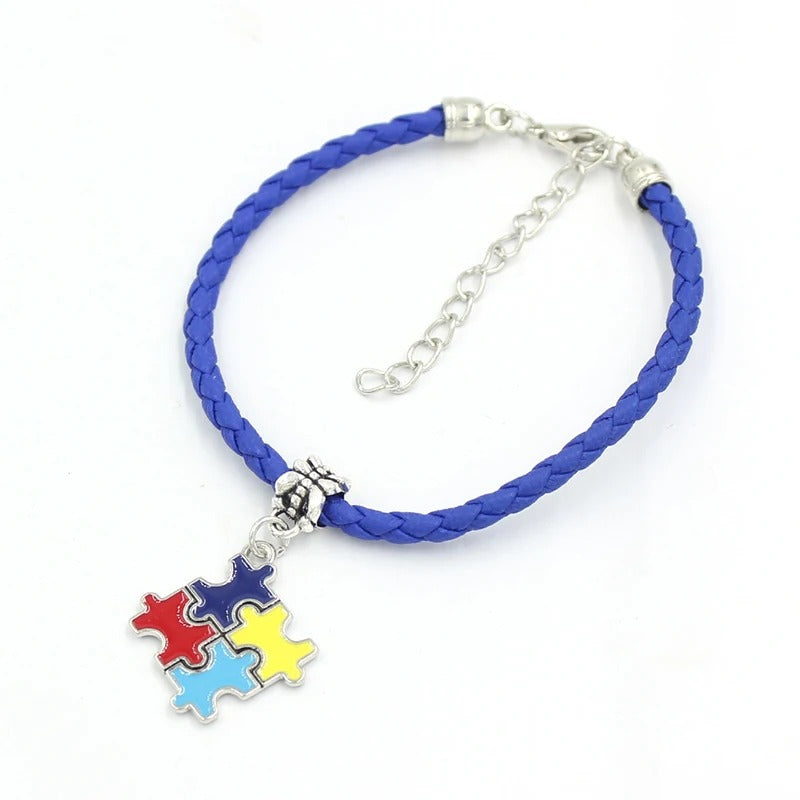 Awareness Jewelry Navy Blue Braid PU Leather Bracelet with Puzzle Piece Autism Pendant Charm