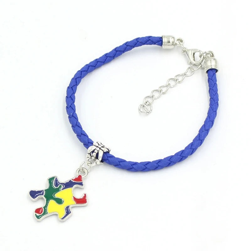 Awareness Jewelry Navy Blue Braid PU Leather Bracelet with Puzzle Piece Autism Pendant Charm