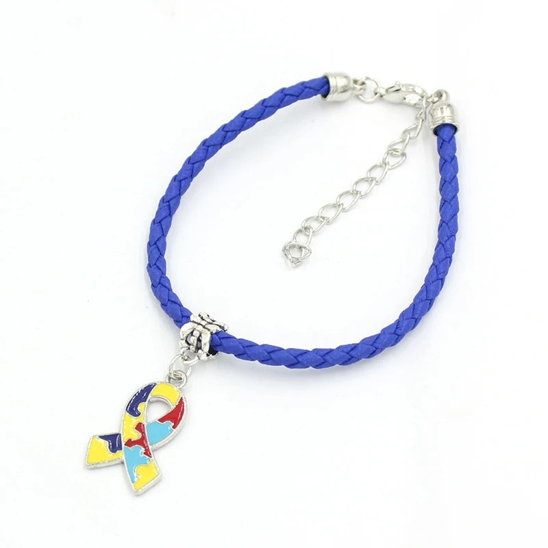 Awareness Jewelry Navy Blue Braid PU Leather Bracelet with Puzzle Piece Autism Pendant Charm