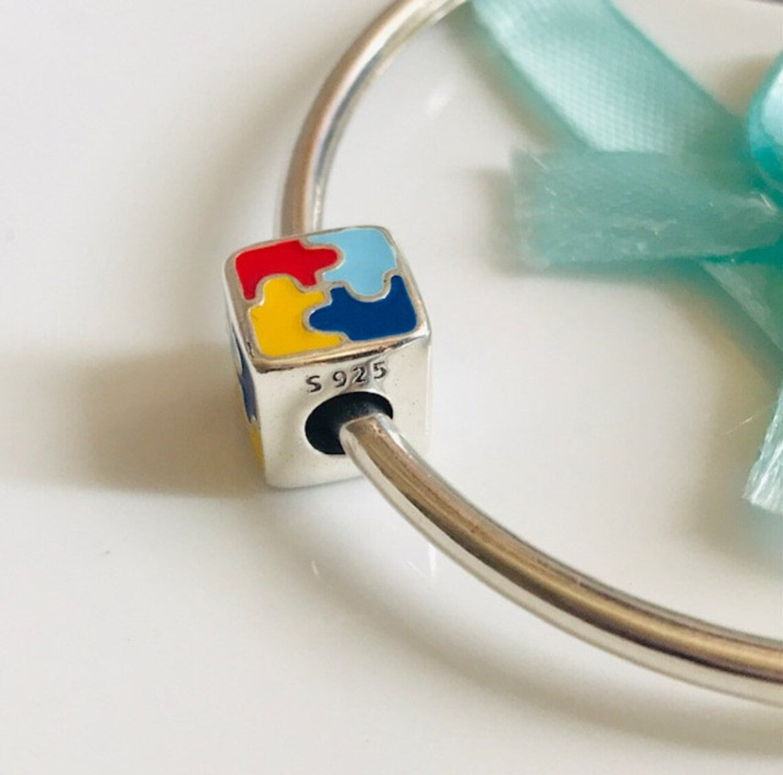 Autism Awareness Bracelet Square Charm Sterling Silver