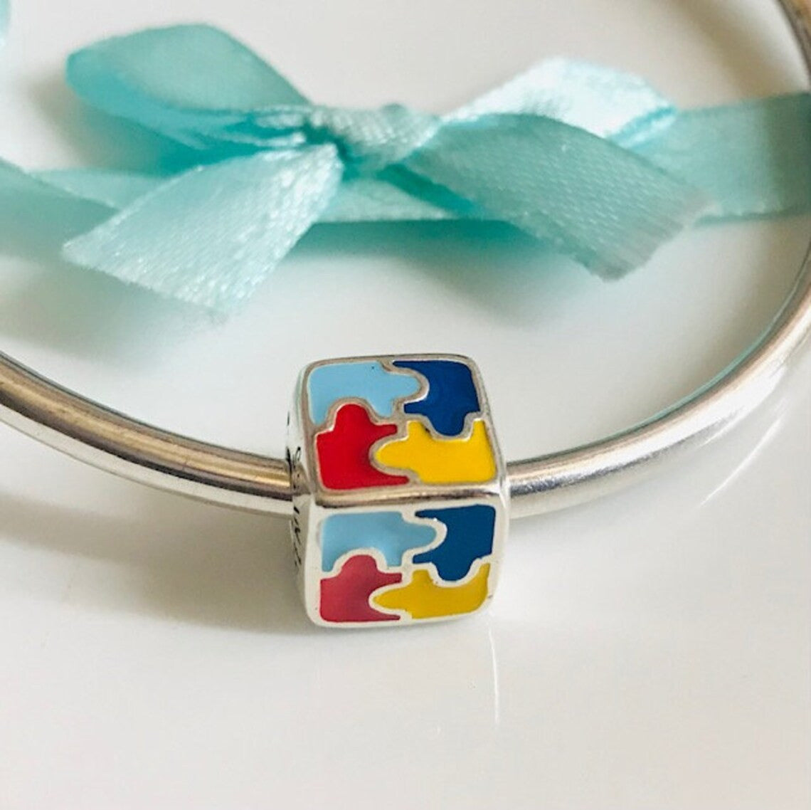Autism Awareness Bracelet Square Charm Sterling Silver