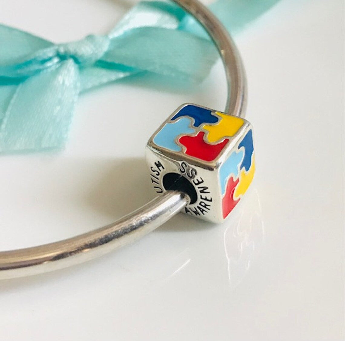 Autism Awareness Bracelet Square Charm Sterling Silver