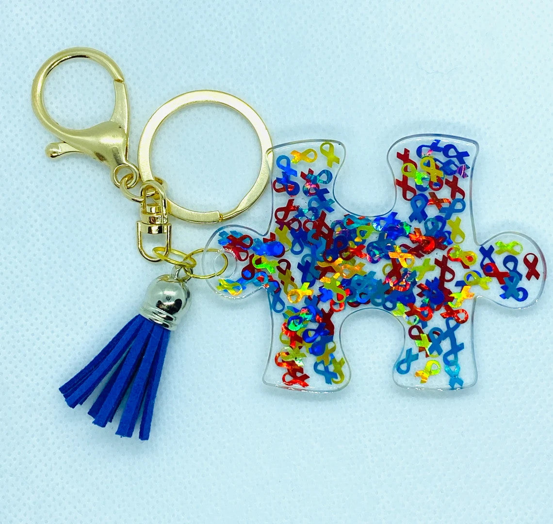 Autism Awareness Keychain, Puzzle Piece, Awareness Ribbons in Resin, key ring
