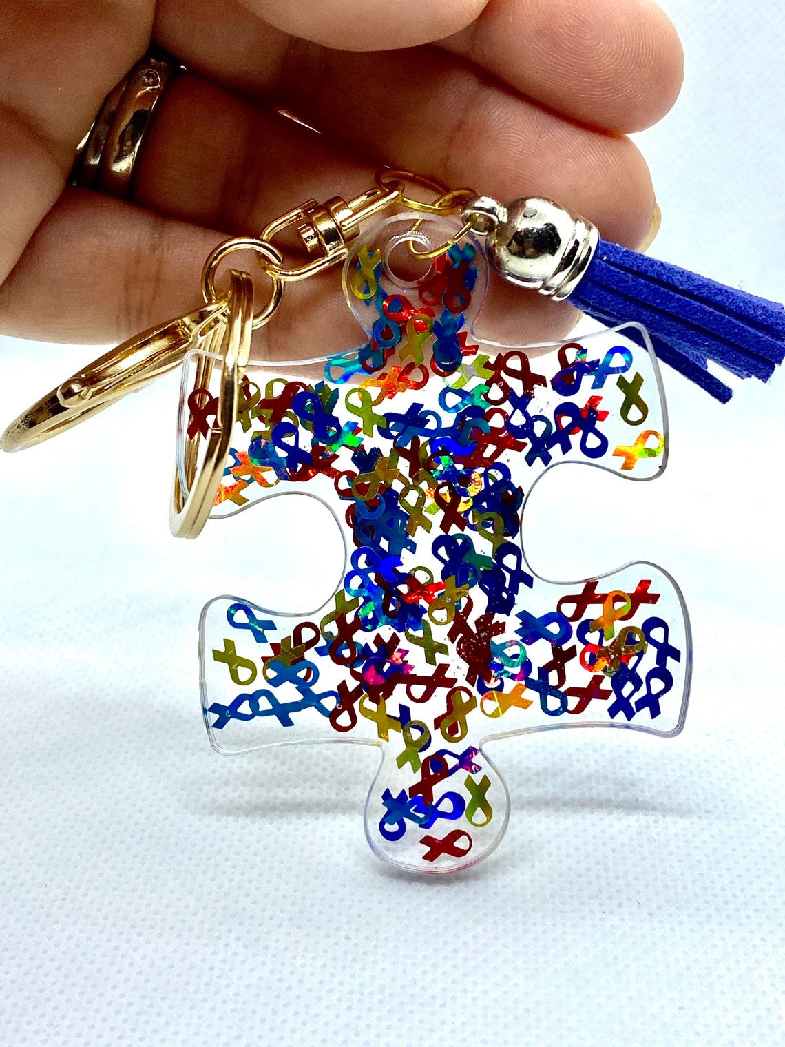 Autism Awareness Keychain, Puzzle Piece, Awareness Ribbons in Resin, key ring