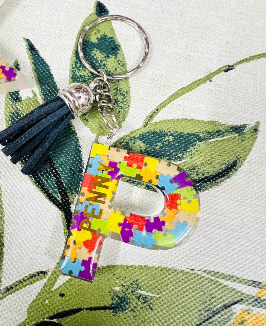 Autism Awareness Initial Puzzle Resin Rainbow Custom Keychain