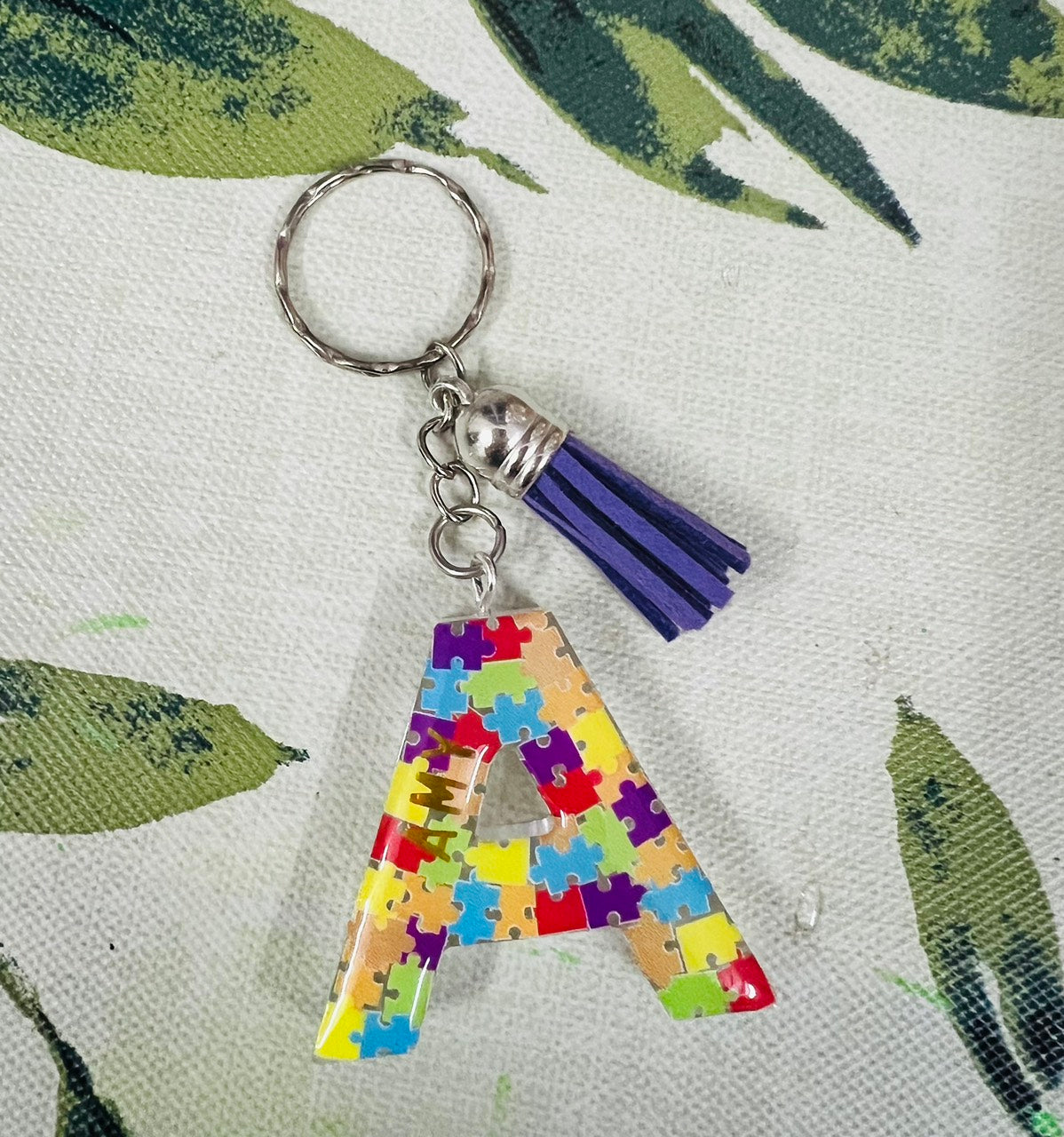 Autism Awareness Initial Puzzle Resin Rainbow Custom Keychain