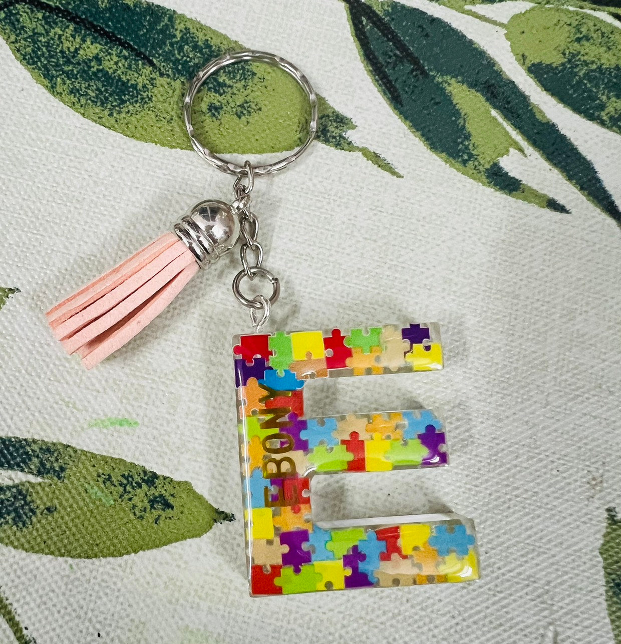 Autism Awareness Initial Puzzle Resin Rainbow Custom Keychain