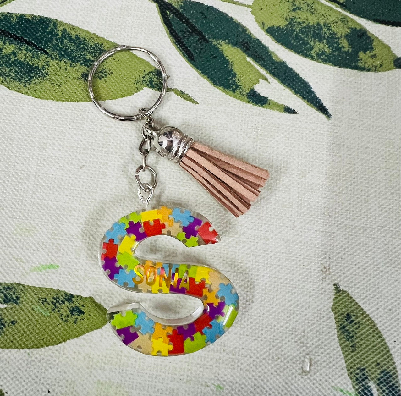 Autism Awareness Initial Puzzle Resin Rainbow Custom Keychain
