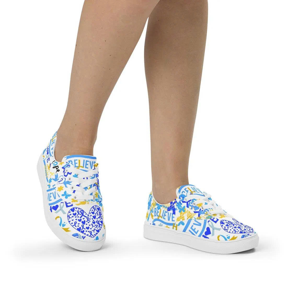Down Syndrome Awareness Shoes - Blue & Yellow Ribbon Believe and Hope Custom Sneakers - Inspirational Support Gift