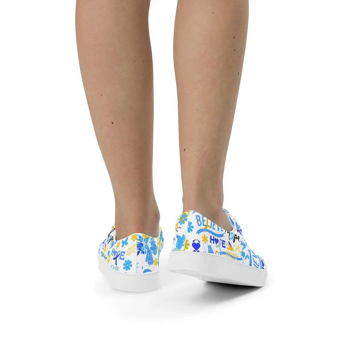 Down Syndrome Awareness Shoes - Blue & Yellow Ribbon Believe and Hope Custom Sneakers - Inspirational Support Gift