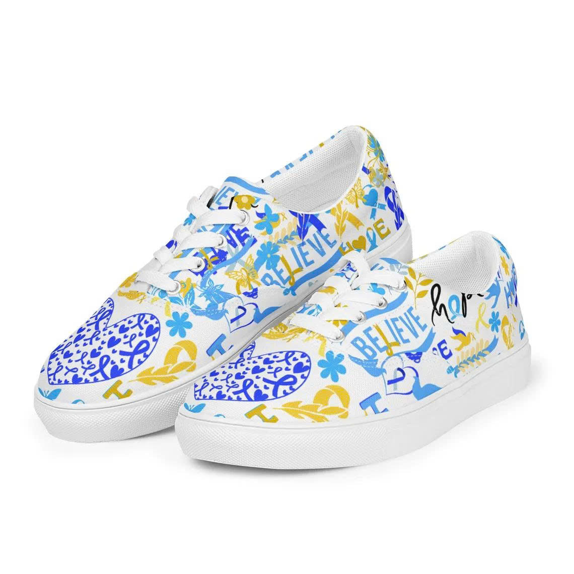 Down Syndrome Awareness Shoes - Blue & Yellow Ribbon Believe and Hope Custom Sneakers - Inspirational Support Gift