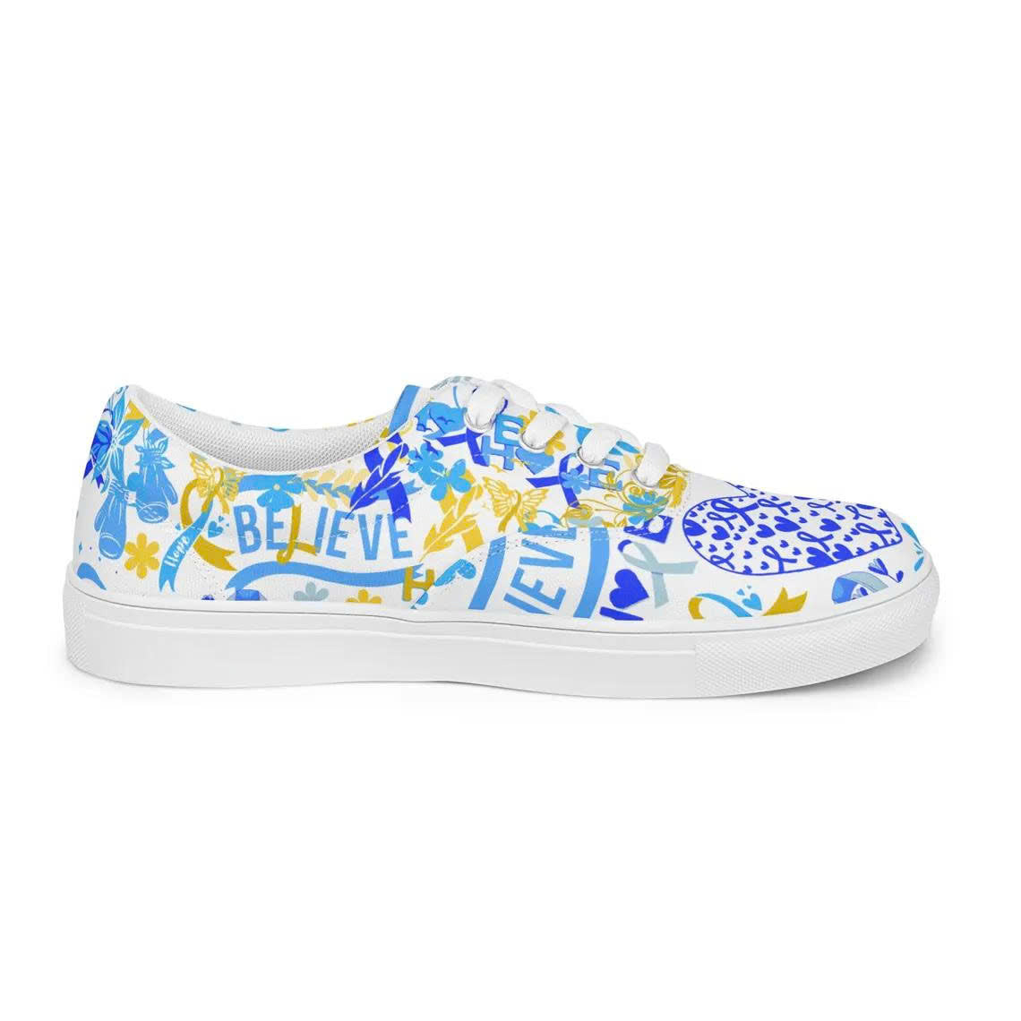 Down Syndrome Awareness Shoes - Blue & Yellow Ribbon Believe and Hope Custom Sneakers - Inspirational Support Gift