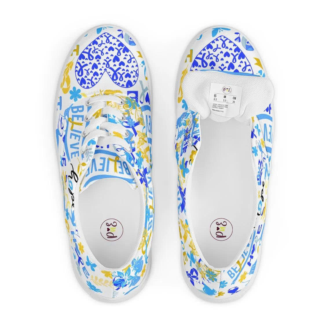 Down Syndrome Awareness Shoes - Blue & Yellow Ribbon Believe and Hope Custom Sneakers - Inspirational Support Gift
