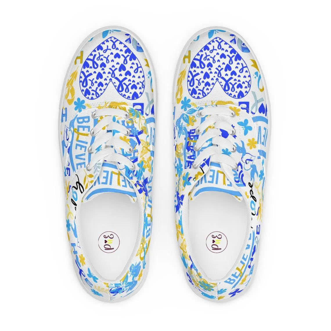 Down Syndrome Awareness Shoes - Blue & Yellow Ribbon Believe and Hope Custom Sneakers - Inspirational Support Gift