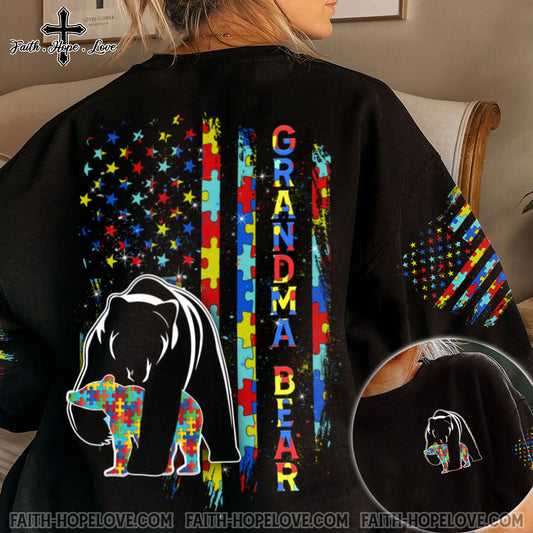 Autism Grandma Bear Flag Tshirt