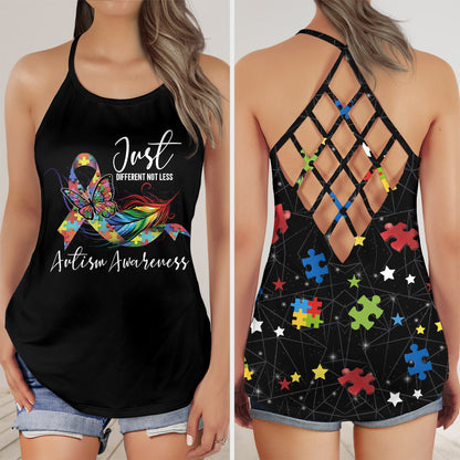 Butterfly Just Defferent Not Less Autism Awareness 3D Criss-Cross Tank Top