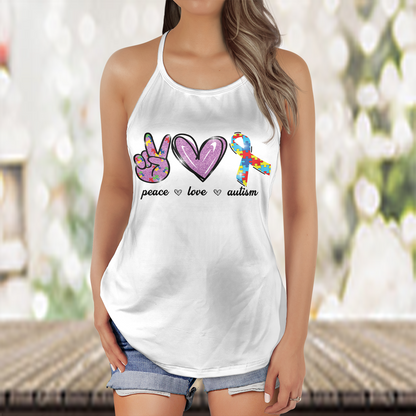 Funny Peace Love Heart Be Strong Autism Awareness 3D Criss-Cross Tank Top White Color