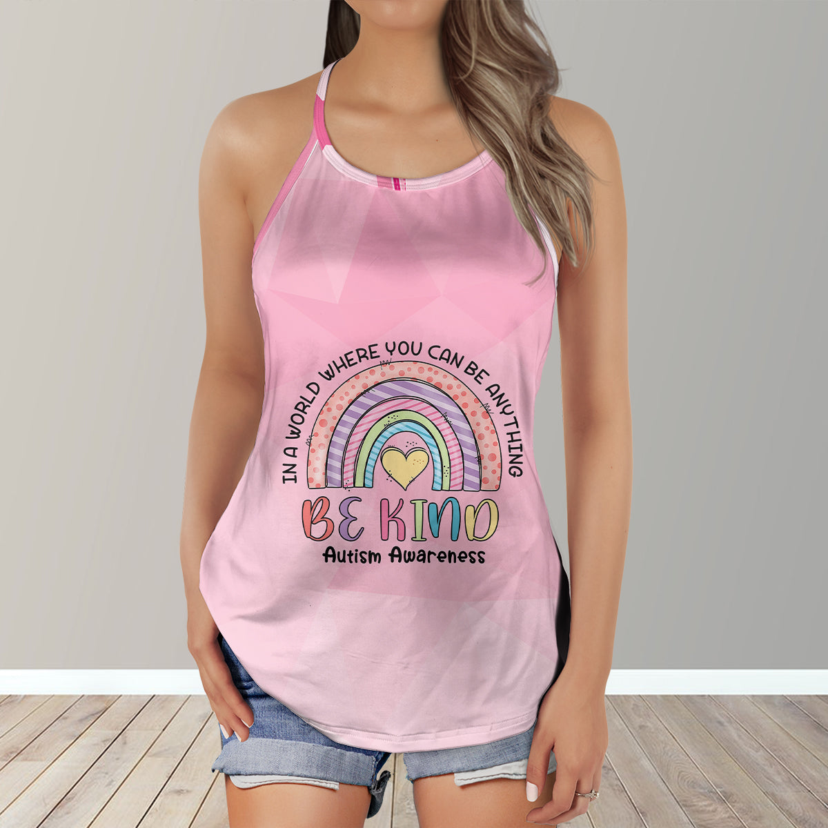 Be Kind Colorful Rainbow Heart Pink Color Autism Awareness 3D Criss-Cross Tank Top