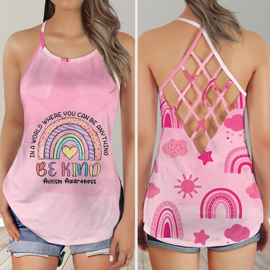 Be Kind Colorful Rainbow Heart Pink Color Autism Awareness 3D Criss-Cross Tank Top