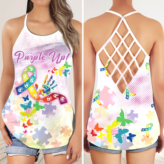 Purple Up Colorful Autism Awareness Butterfly AOP Criss-Cross Tank Top