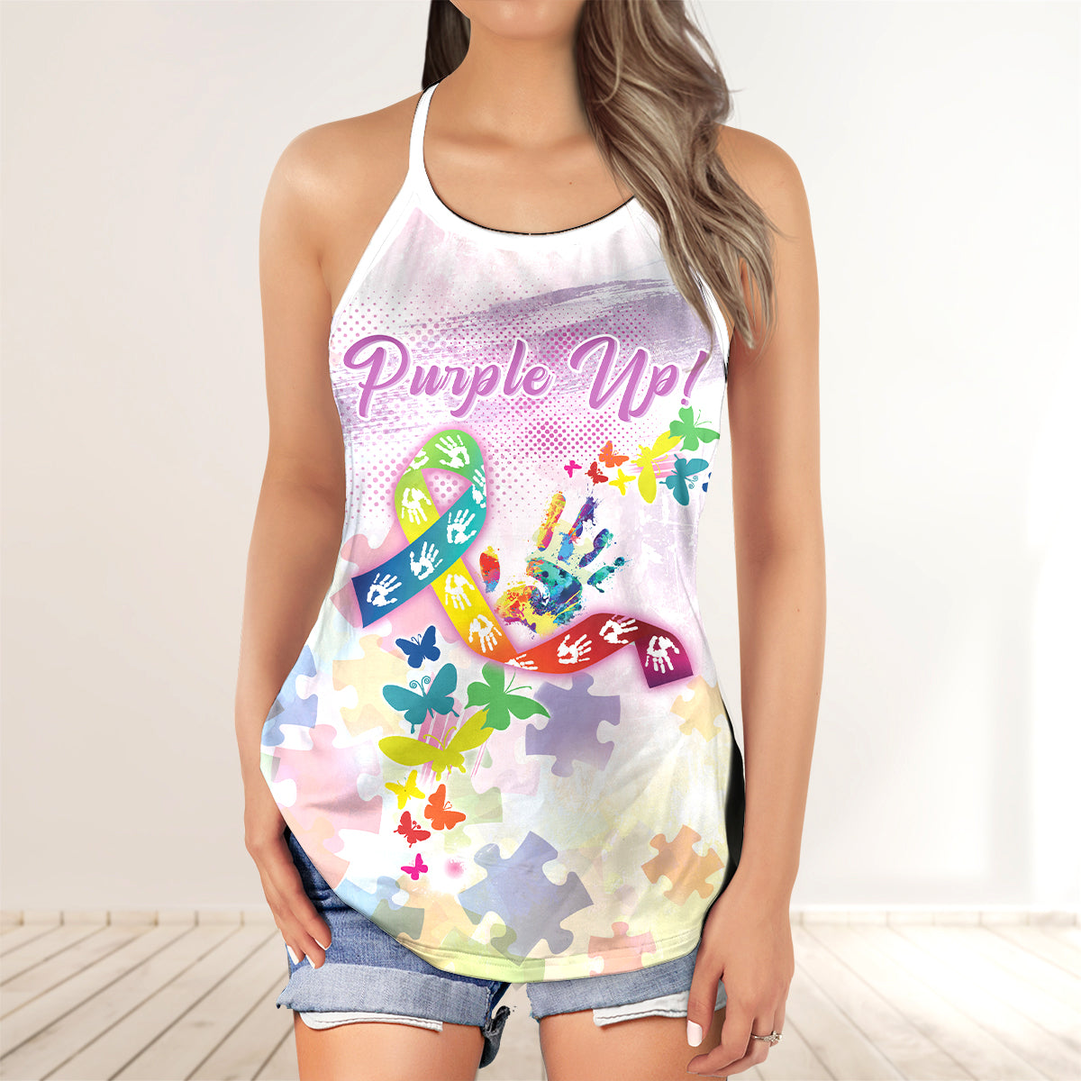 Purple Up Colorful Autism Awareness Butterfly AOP Criss-Cross Tank Top