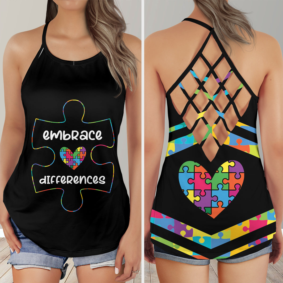 Embrace Difference Love Autism Awareness AOP Criss-Cross Tank Top