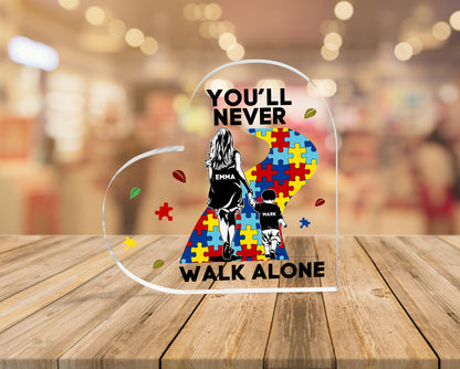 Personalized "You Will Never Walk Alone Mom And Son" Autism Acrylic Blocks