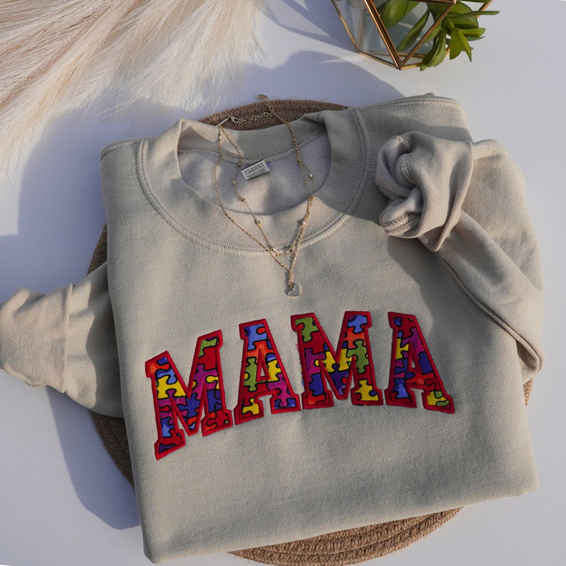 Autism Embroidered Mama Crewneck Sweatshirt Long Sleeve