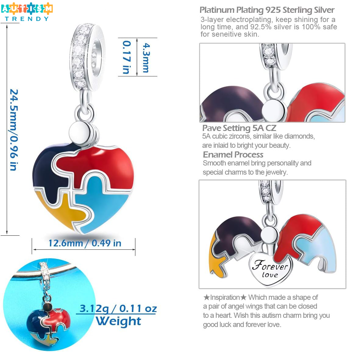 Opened Heart-Shaped Autism Awareness Charms Dangle