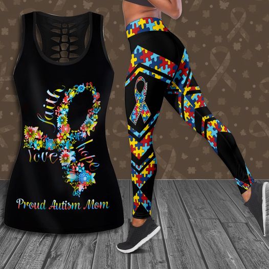 Proud Autism Mom Butterfly Leggings and Hollow Tank Top