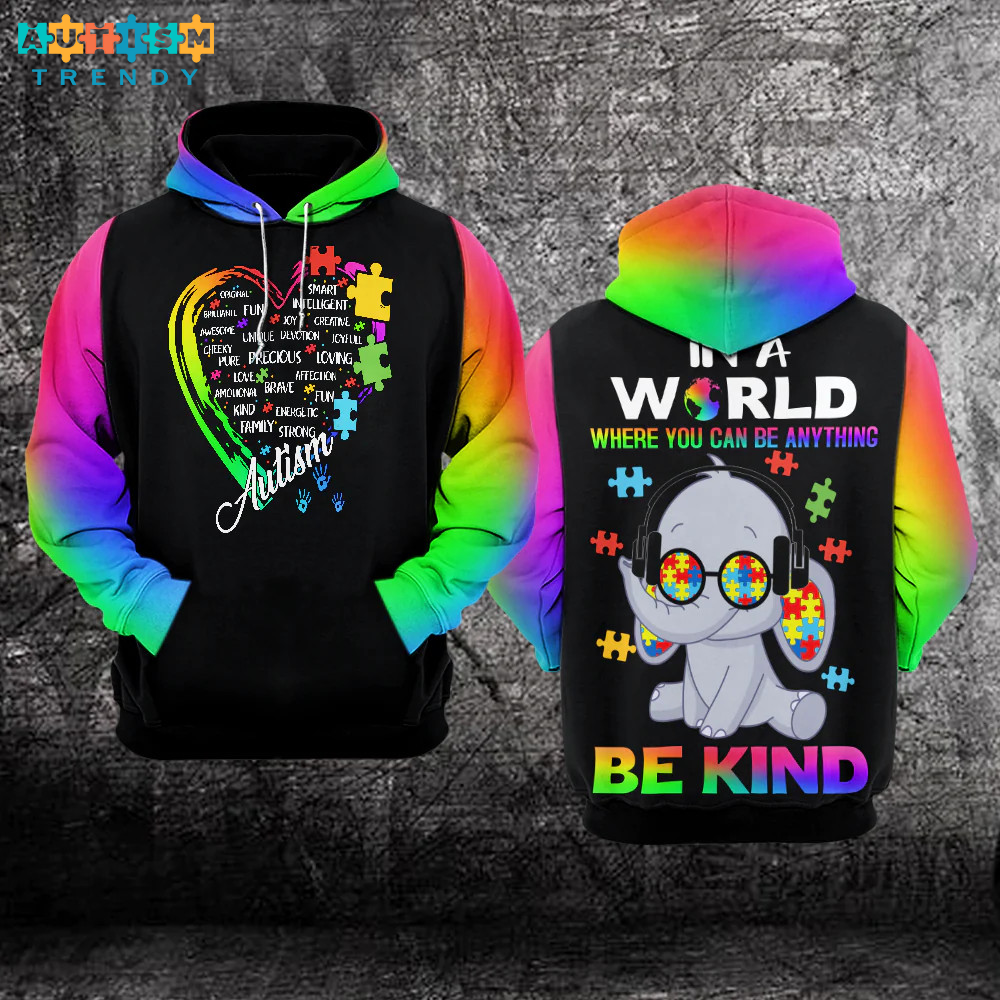 Be Kind Elephant Autism Unisex Hoodie For Men Women Autism Awareness 3D