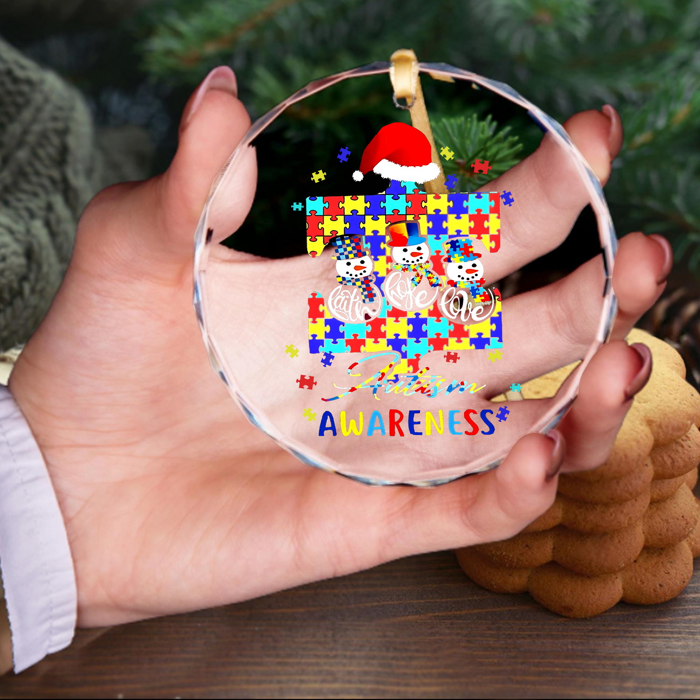 Faith Hope Love Autism Awareness Christmas Round Shaped Glass Ornament