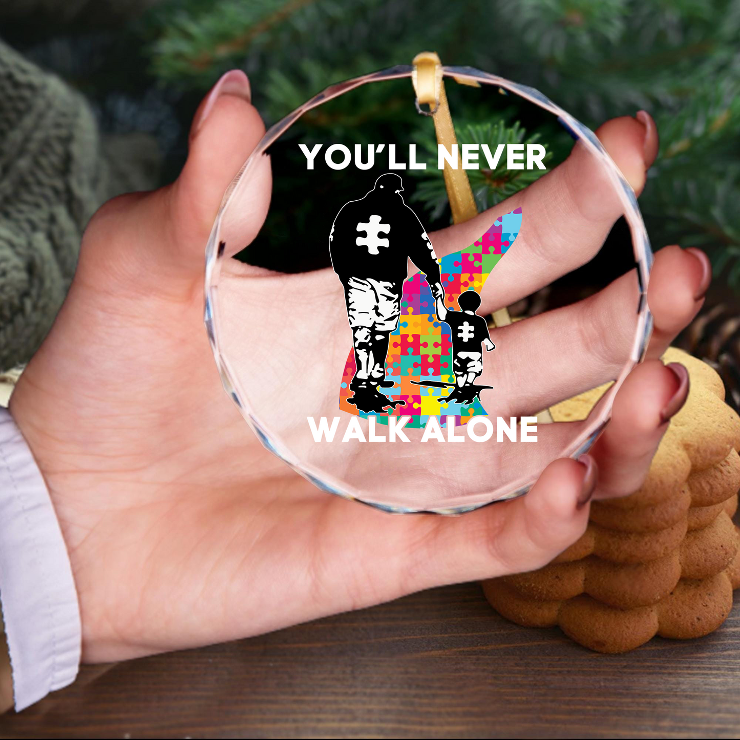 Dad And Son - You Will Never Walk Alone Round Shaped Glass Ornament