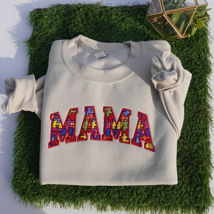 Autism Embroidered Mama Crewneck Sweatshirt Long Sleeve