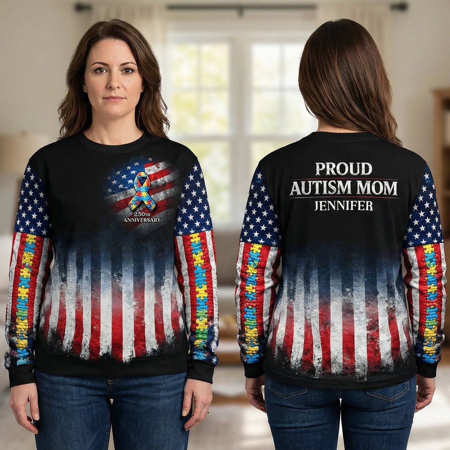 Proud Autism Parent - 250th Anniversary USA - Personalized Gift for Dads, Moms, and Family 3D Sweatshirt