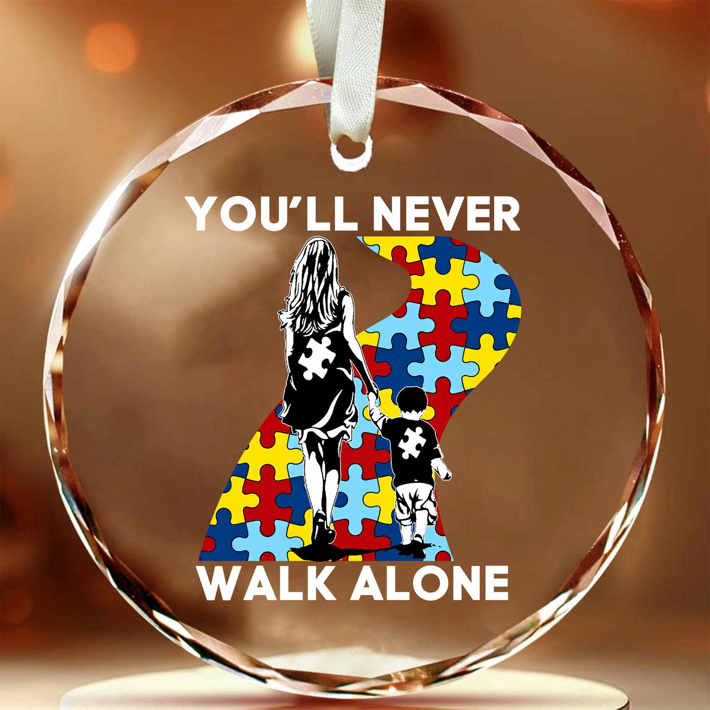 Mom And Son - You Will Never Walk Alone Round Shaped Glass Ornament