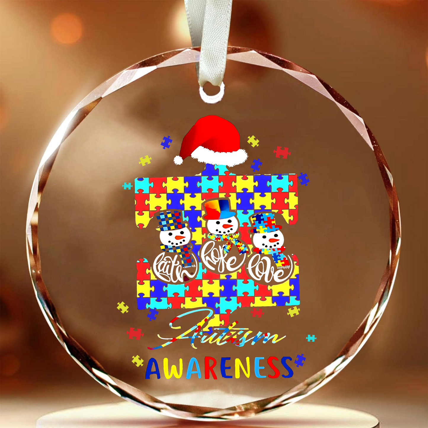 Faith Hope Love Autism Awareness Christmas Round Shaped Glass Ornament