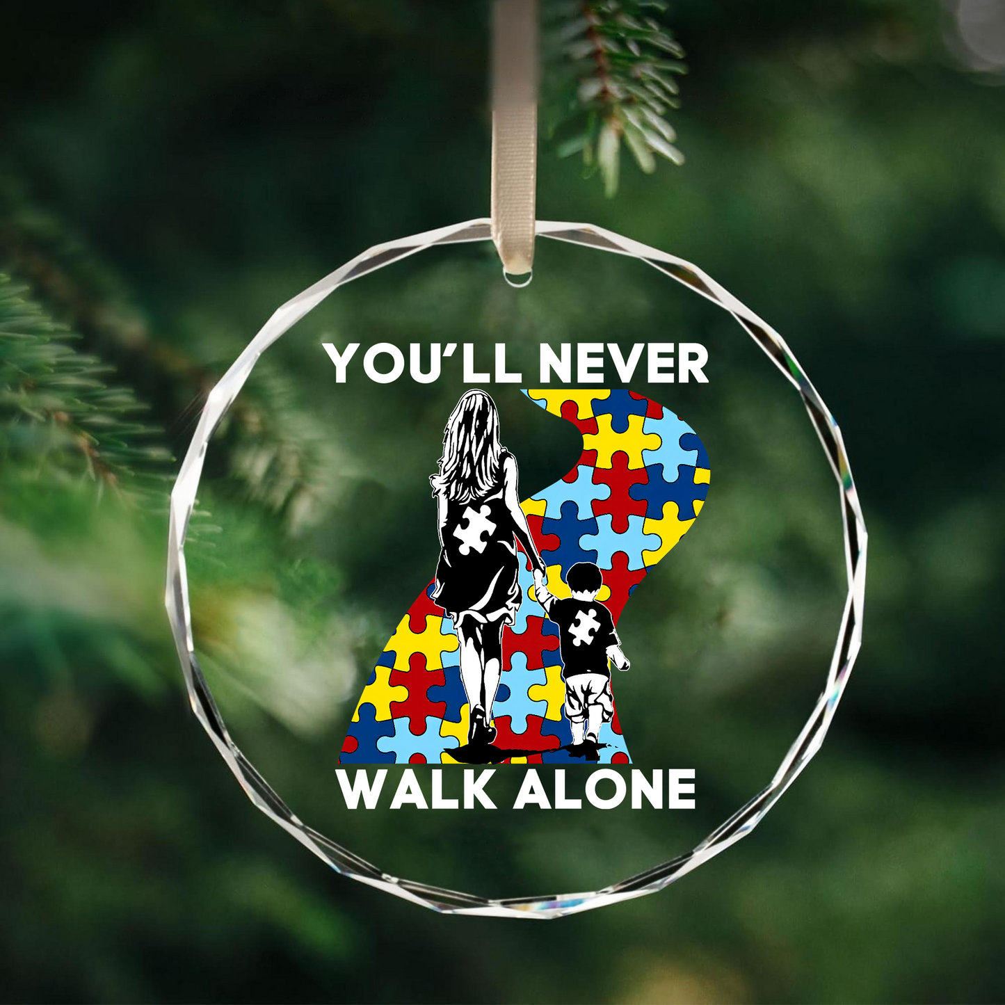 Mom And Son - You Will Never Walk Alone Round Shaped Glass Ornament