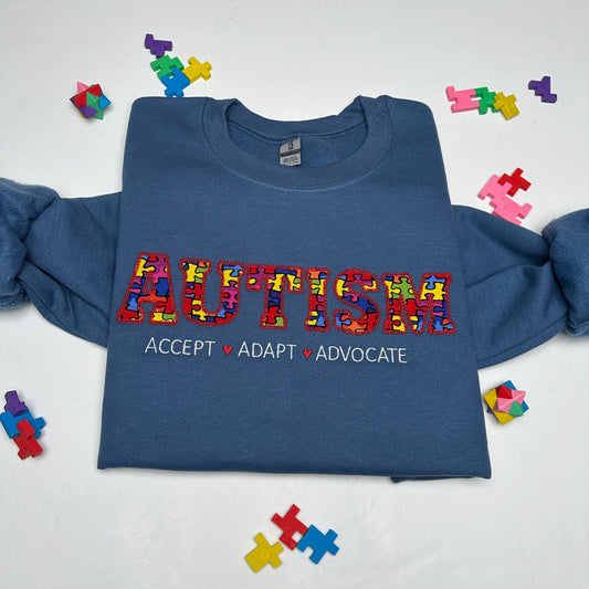 Autism Embroidered Applique Sweatshirt Crewneck Long Sleeve