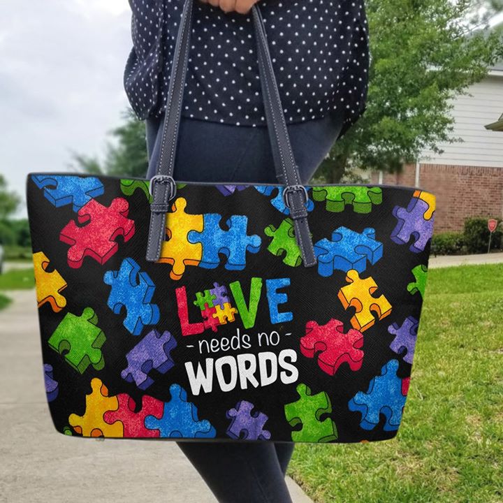 Love Needs No Words Autism Mom Leather Tote Bag