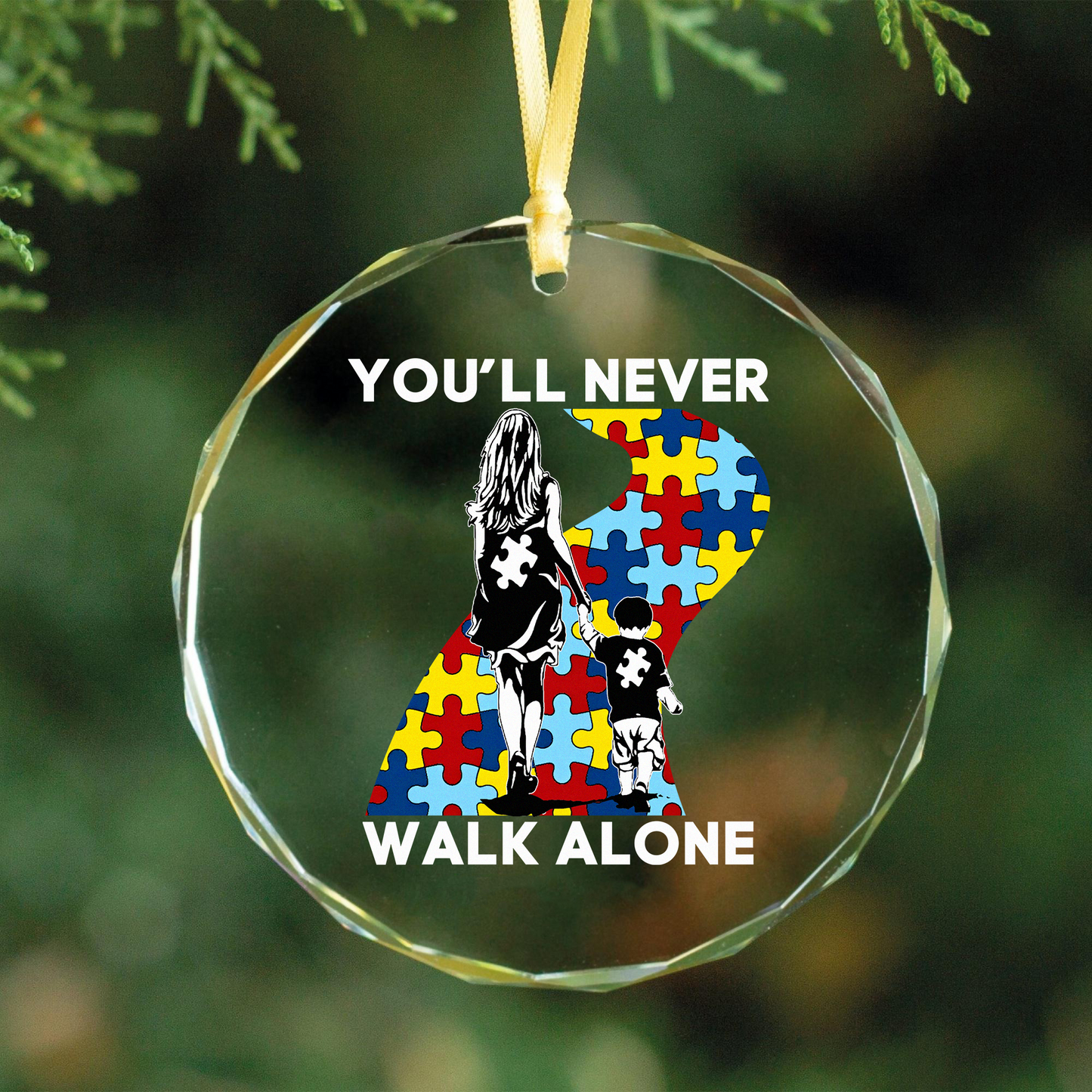 Mom And Son - You Will Never Walk Alone Round Shaped Glass Ornament