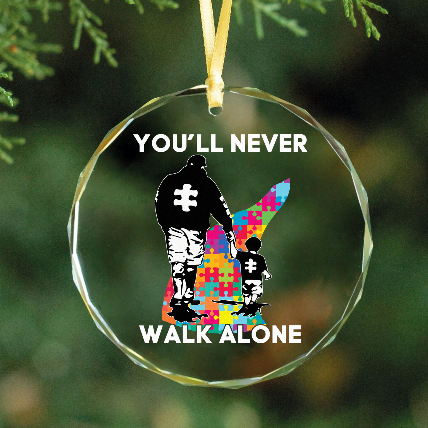 Dad And Son - You Will Never Walk Alone Round Shaped Glass Ornament